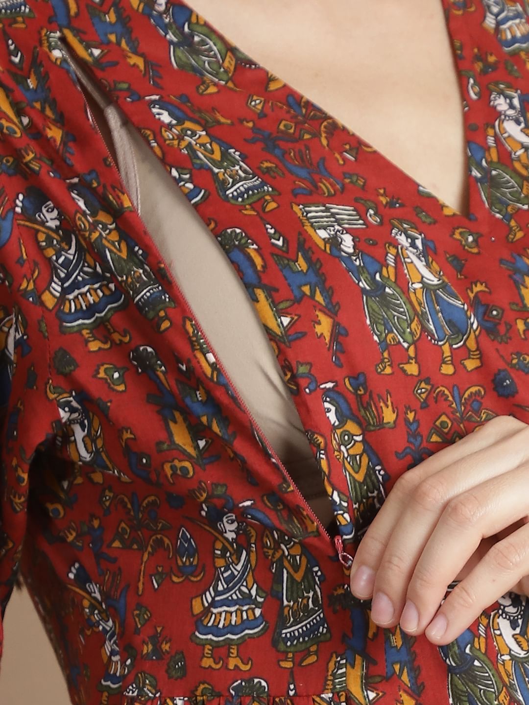 Maroon Ethinic Print Cotton Maternity Kurta