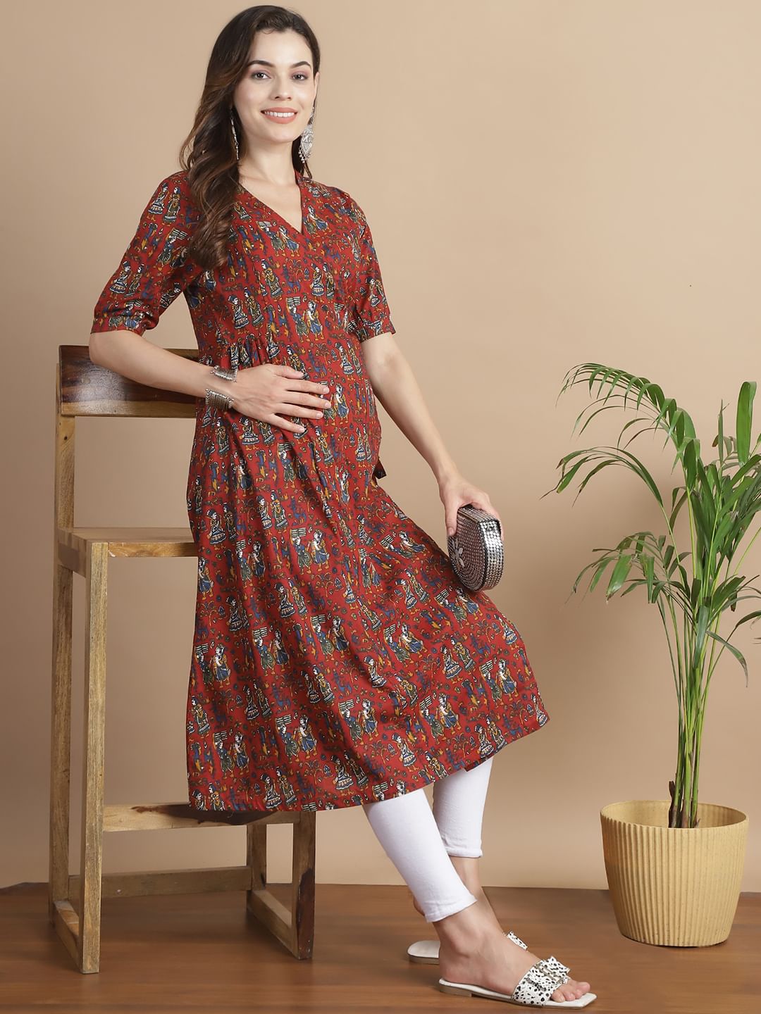 Maroon Ethinic Print Cotton Maternity Kurta