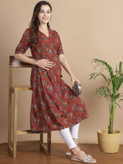 Maroon Ethinic Print Cotton Maternity Kurta