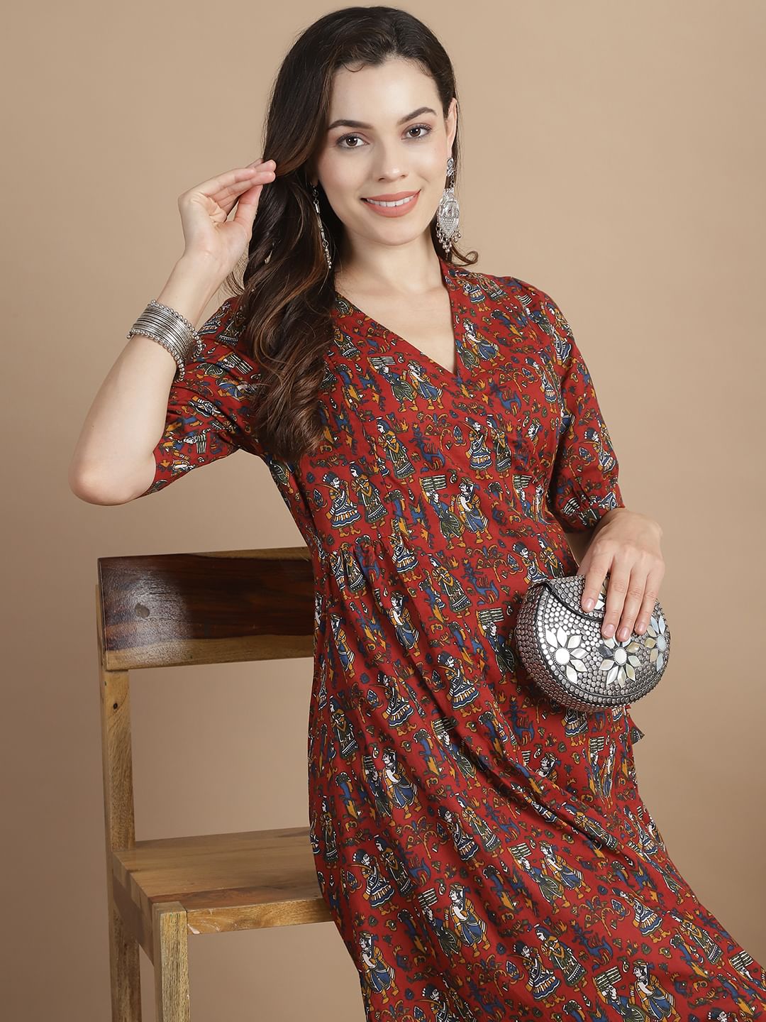 Maroon Ethinic Print Cotton Maternity Kurta