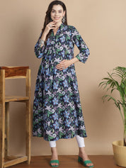 Navy Blue Floral Cotton Maternity Kurta