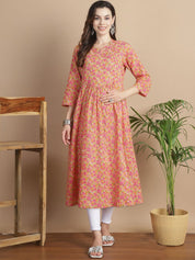 Mustard Floral Cotton Maternity Kurta