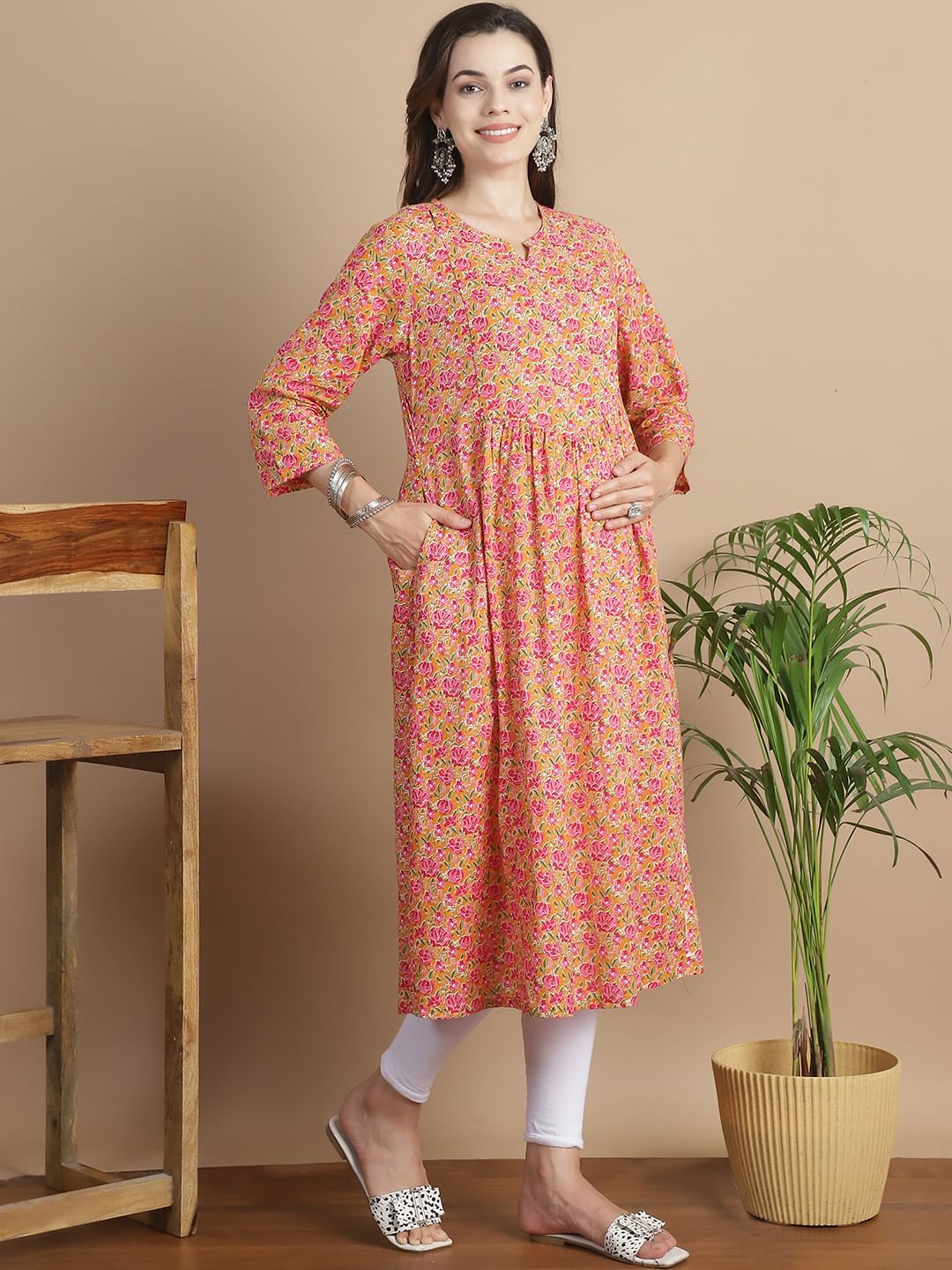 Mustard Floral Cotton Maternity Kurta