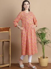 Mustard Floral Cotton Maternity Kurta