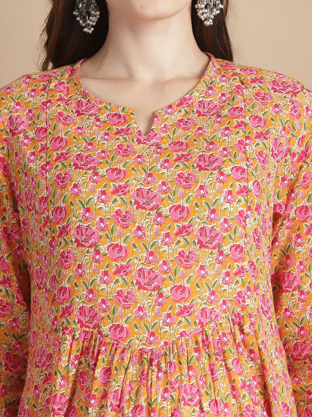 Mustard Floral Cotton Maternity Kurta