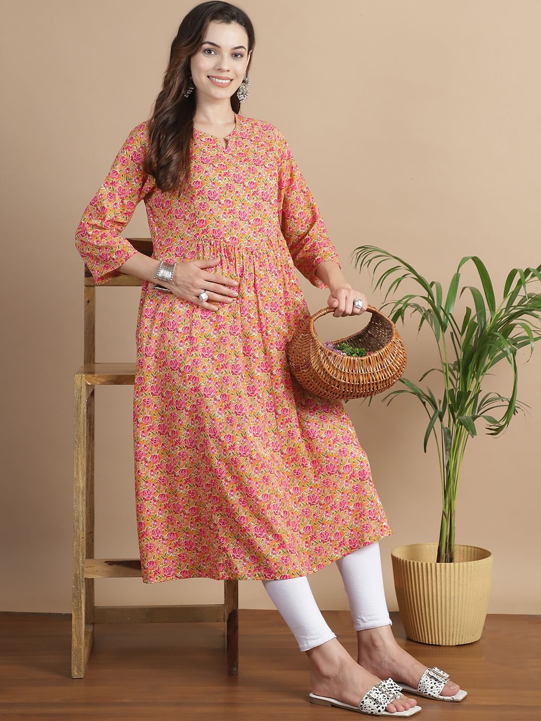 Mustard Floral Cotton Maternity Kurta