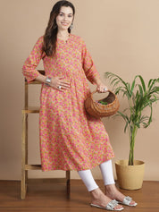 Mustard Floral Cotton Maternity Kurta