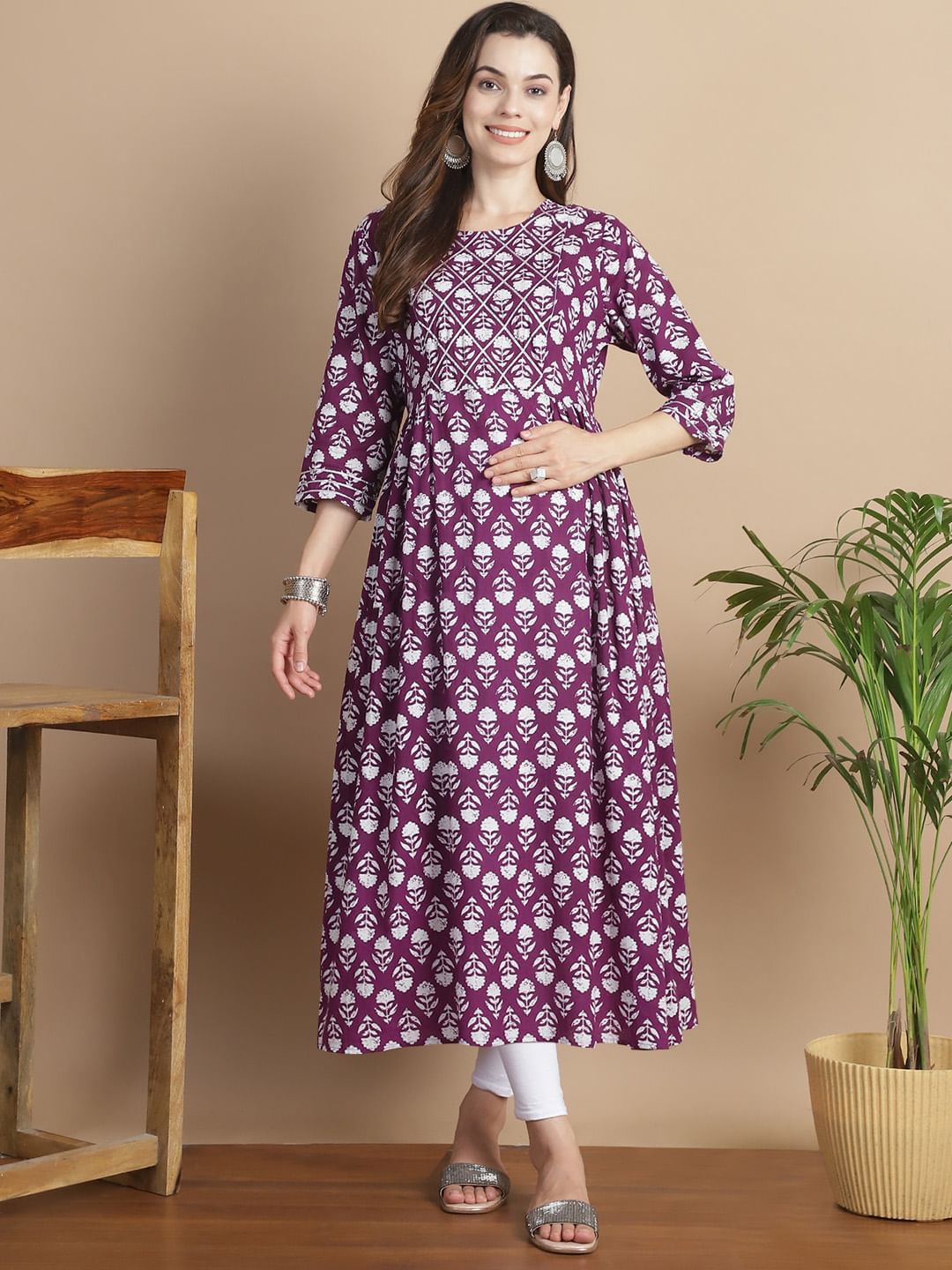 Purple Floral Cotton Maternity Kurta