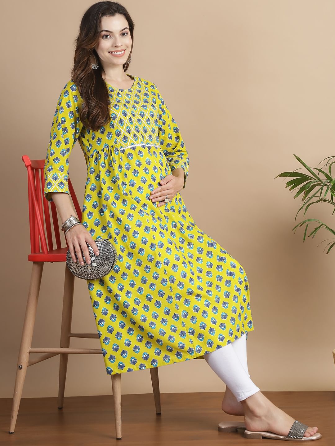 Yellow Floral Cotton Maternity Kurta