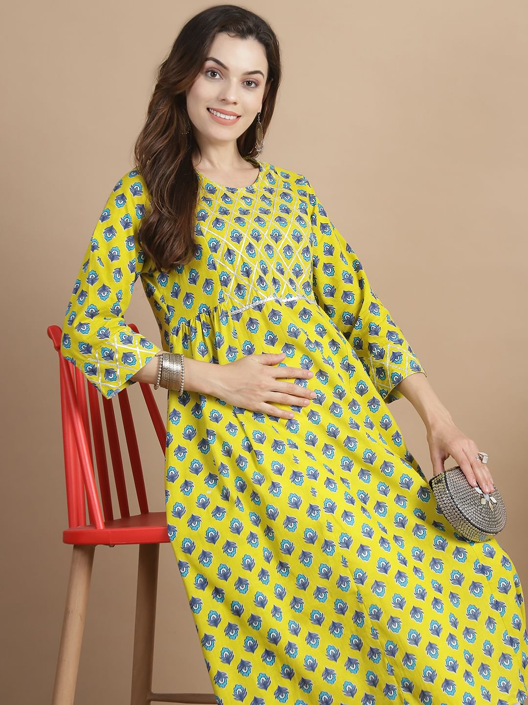 Yellow Floral Cotton Maternity Kurta