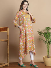 Mustard Floral Cotton Maternity Kurta
