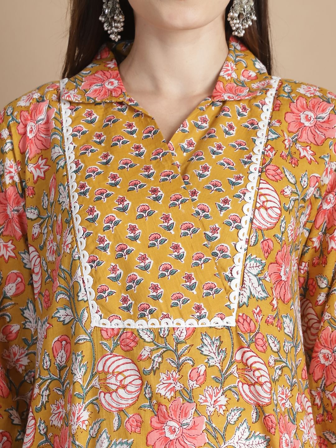 Mustard Floral Cotton Maternity Kurta