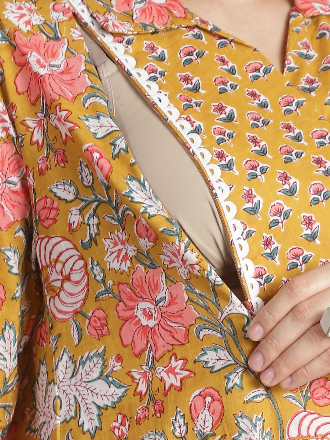 Mustard Floral Cotton Maternity Kurta
