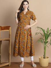 Yellow Ethnic Print Cotton Maternity Kurta