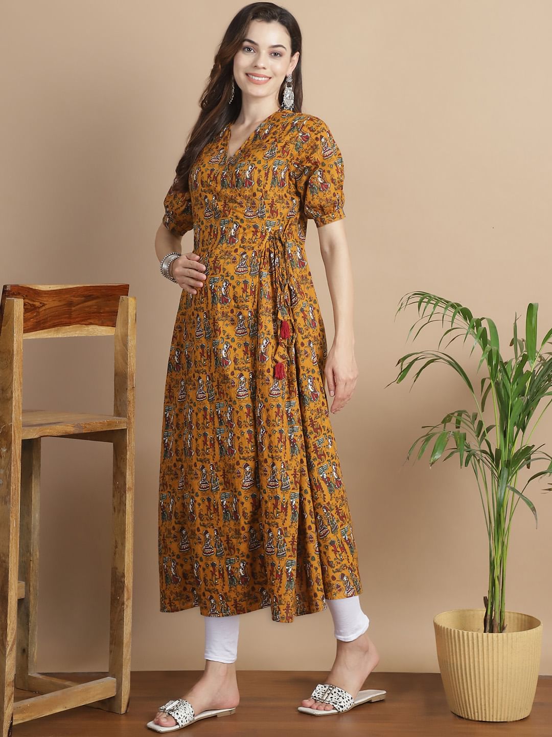 Yellow Ethnic Print Cotton Maternity Kurta