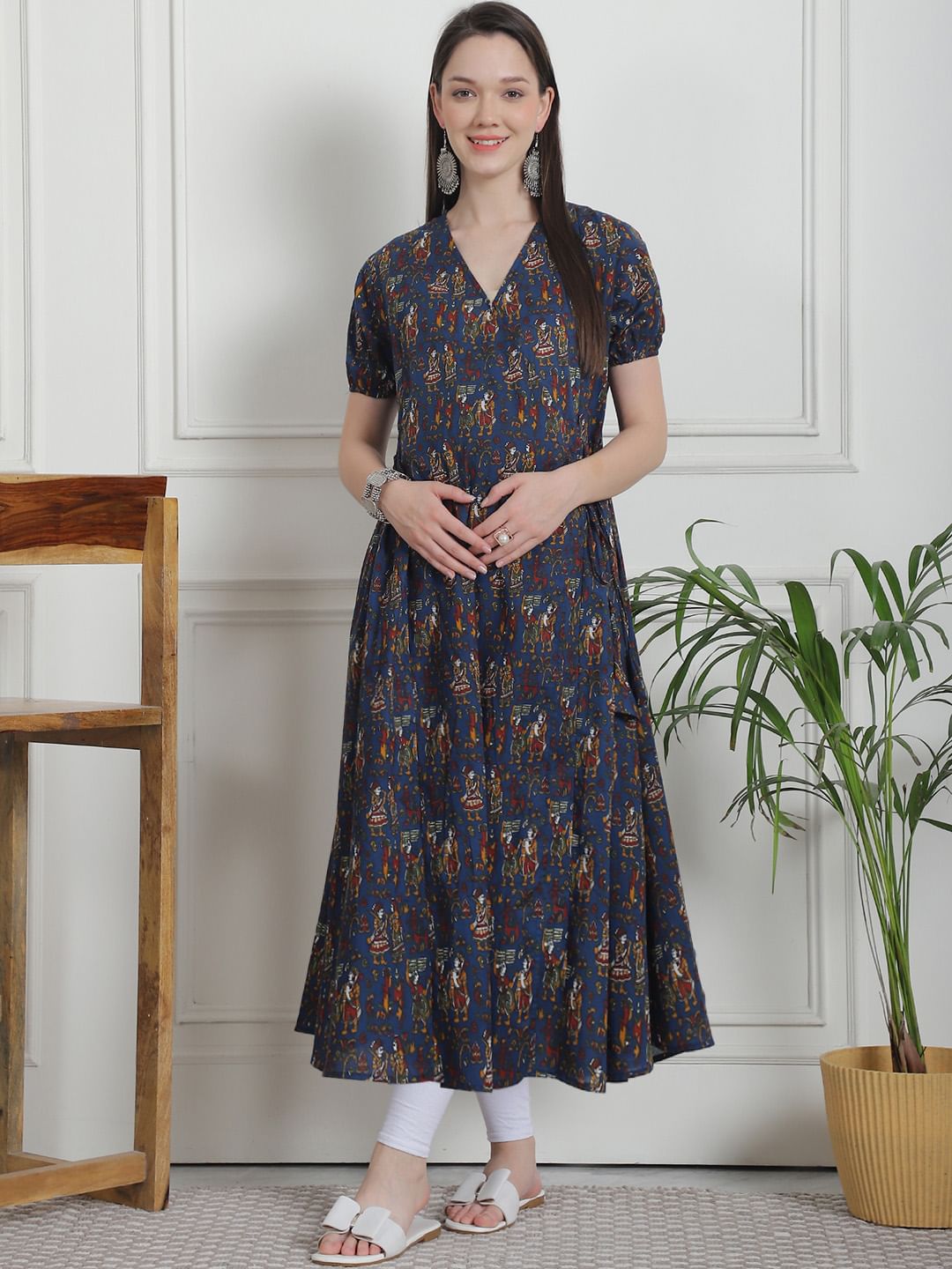 Ethnic Print Navy Blue Cotton Maternity Kurta