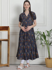 Ethnic Print Navy Blue Cotton Maternity Kurta