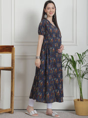 Ethnic Print Navy Blue Cotton Maternity Kurta