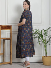 Ethnic Print Navy Blue Cotton Maternity Kurta