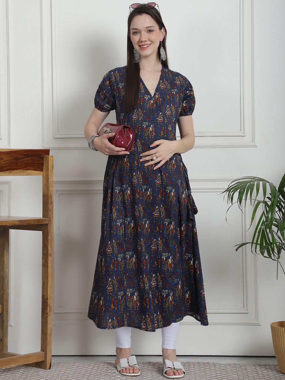 Ethnic Print Navy Blue Cotton Maternity Kurta