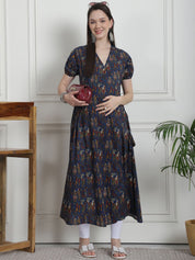 Ethnic Print Navy Blue Cotton Maternity Kurta
