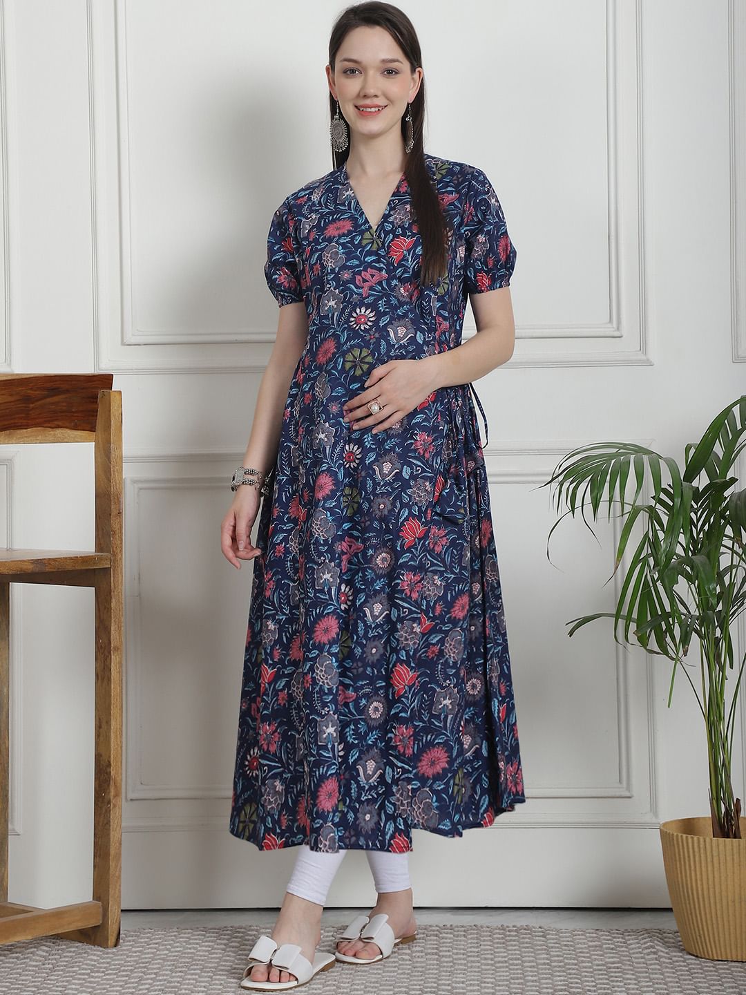 Floral Print Dark Blue Cotton Maternity Kurta