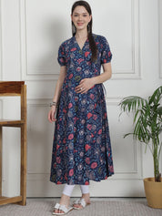 Floral Print Dark Blue Cotton Maternity Kurta