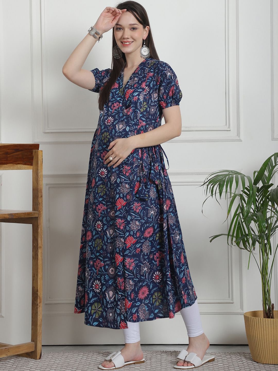 Floral Print Dark Blue Cotton Maternity Kurta