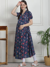 Floral Print Dark Blue Cotton Maternity Kurta