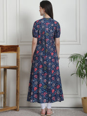 Floral Print Dark Blue Cotton Maternity Kurta