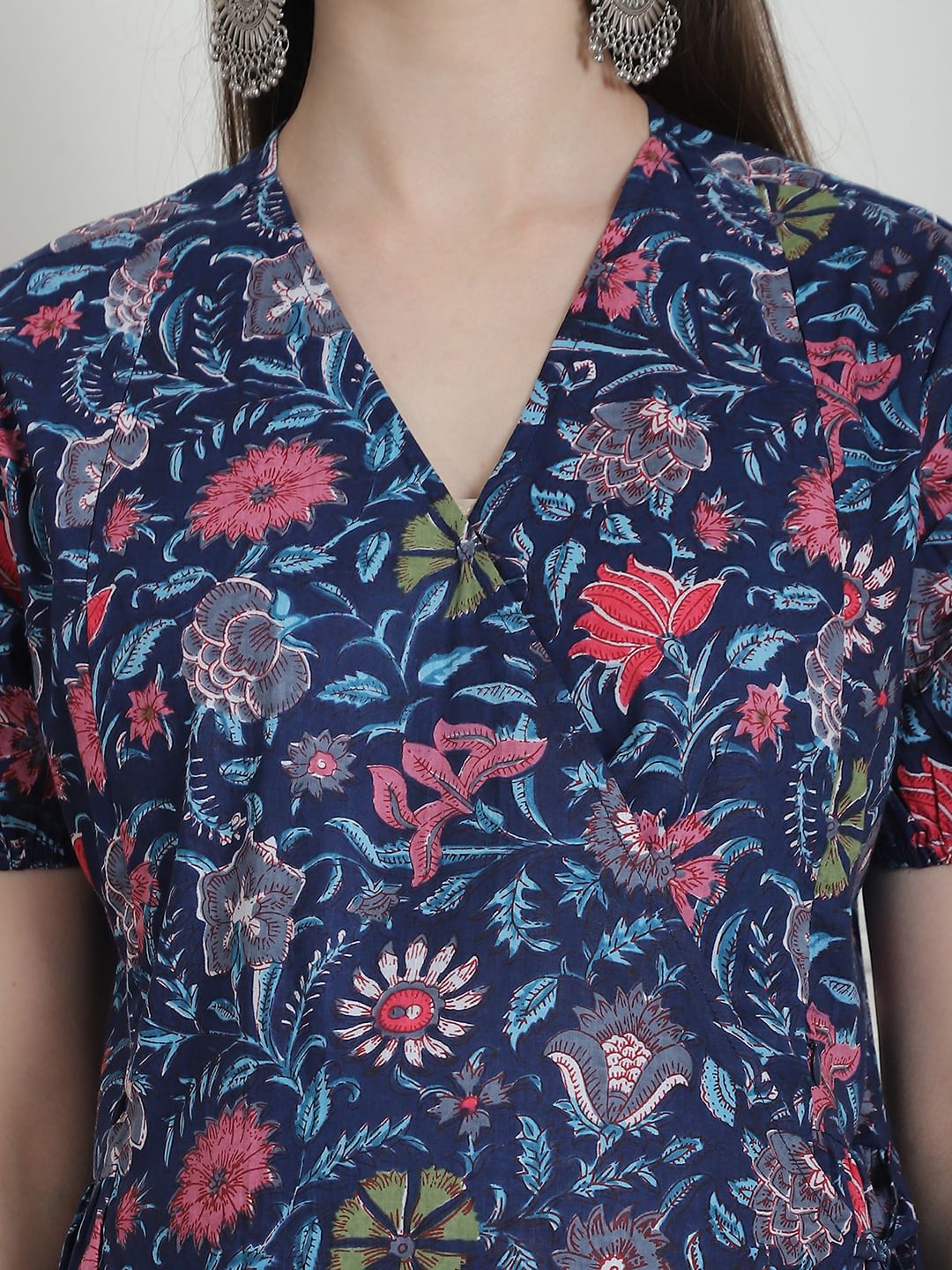 Floral Print Dark Blue Cotton Maternity Kurta