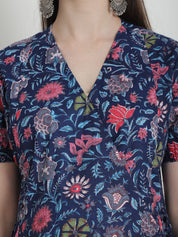 Floral Print Dark Blue Cotton Maternity Kurta