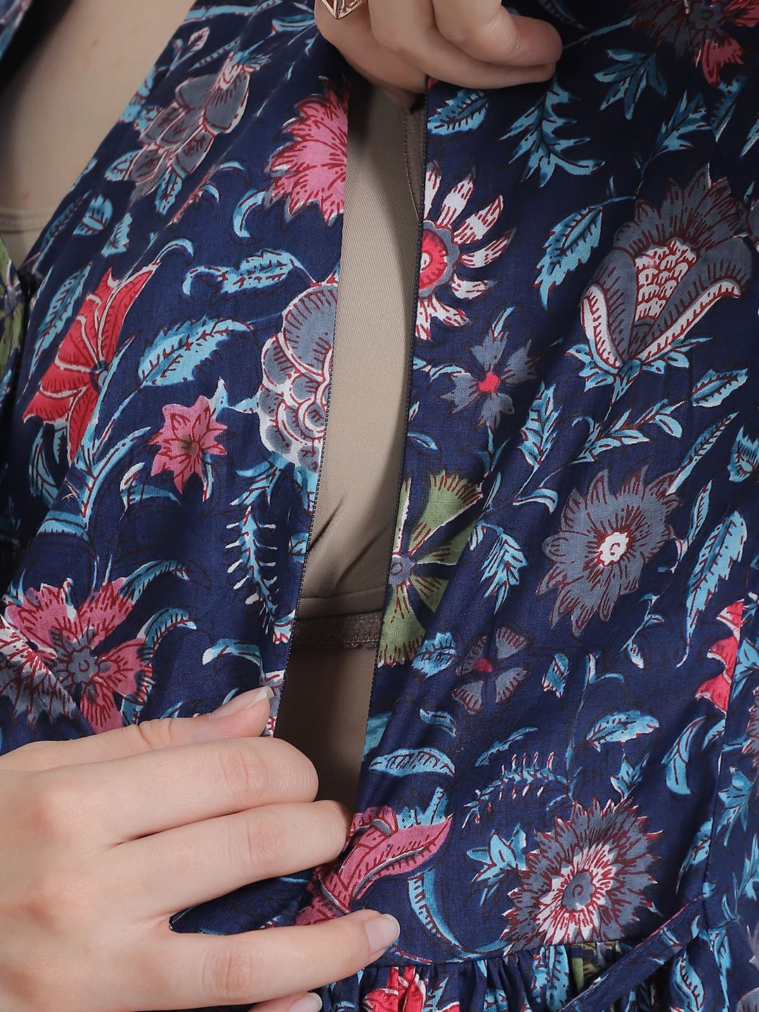 Floral Print Dark Blue Cotton Maternity Kurta