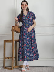 Floral Print Dark Blue Cotton Maternity Kurta