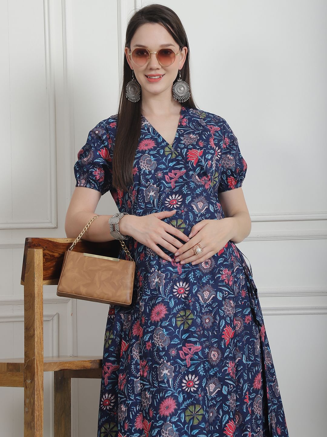 Floral Print Dark Blue Cotton Maternity Kurta