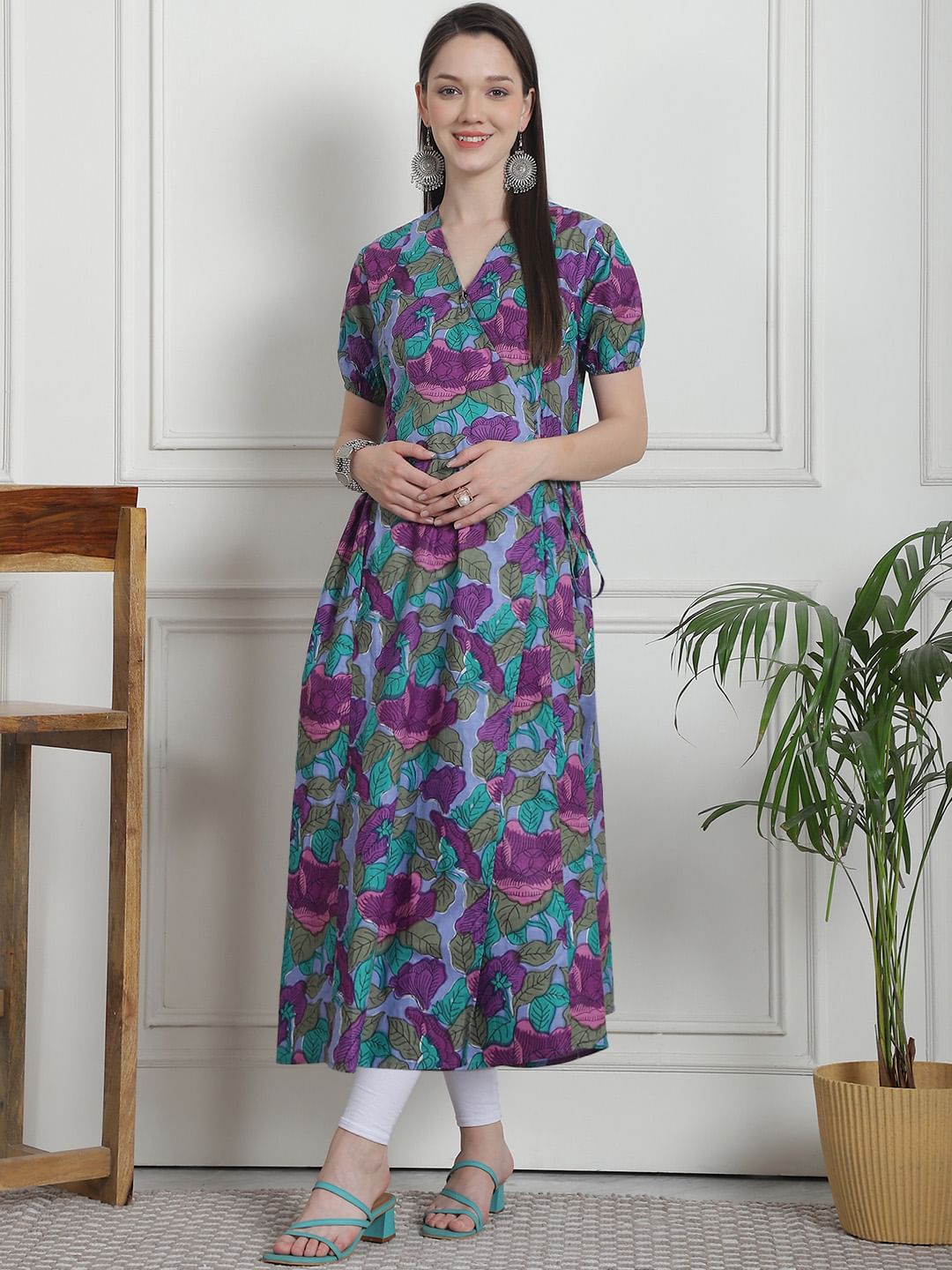Floral Print Blue Cotton Maternity Kurta
