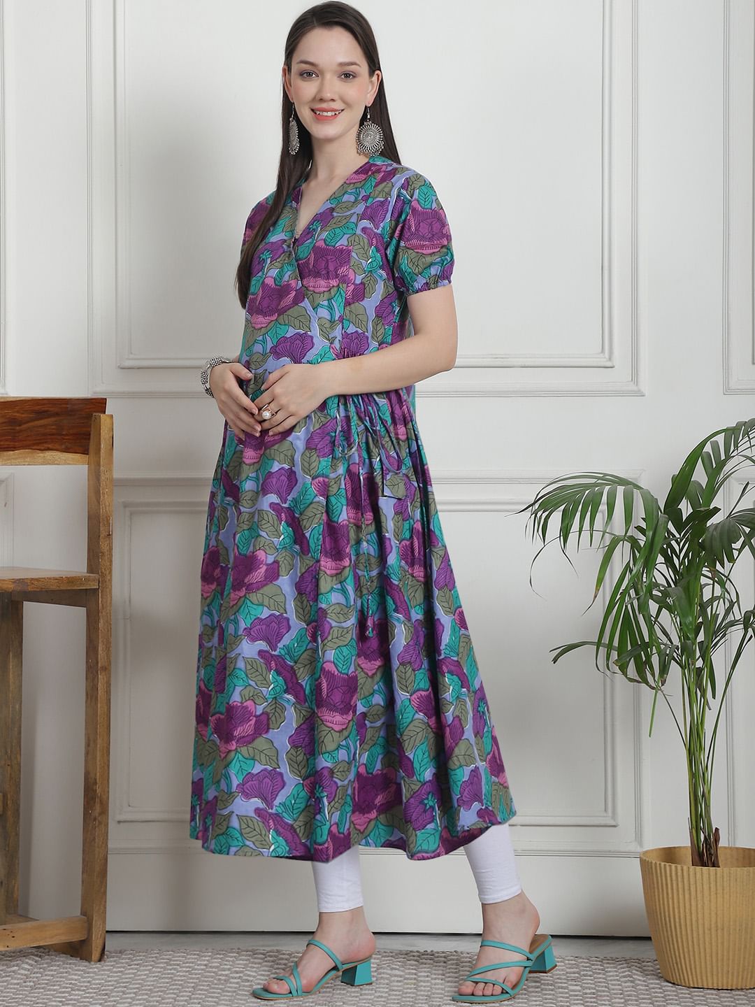 Floral Print Blue Cotton Maternity Kurta