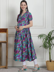 Floral Print Blue Cotton Maternity Kurta