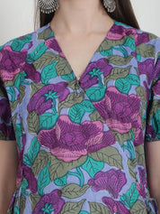 Floral Print Blue Cotton Maternity Kurta