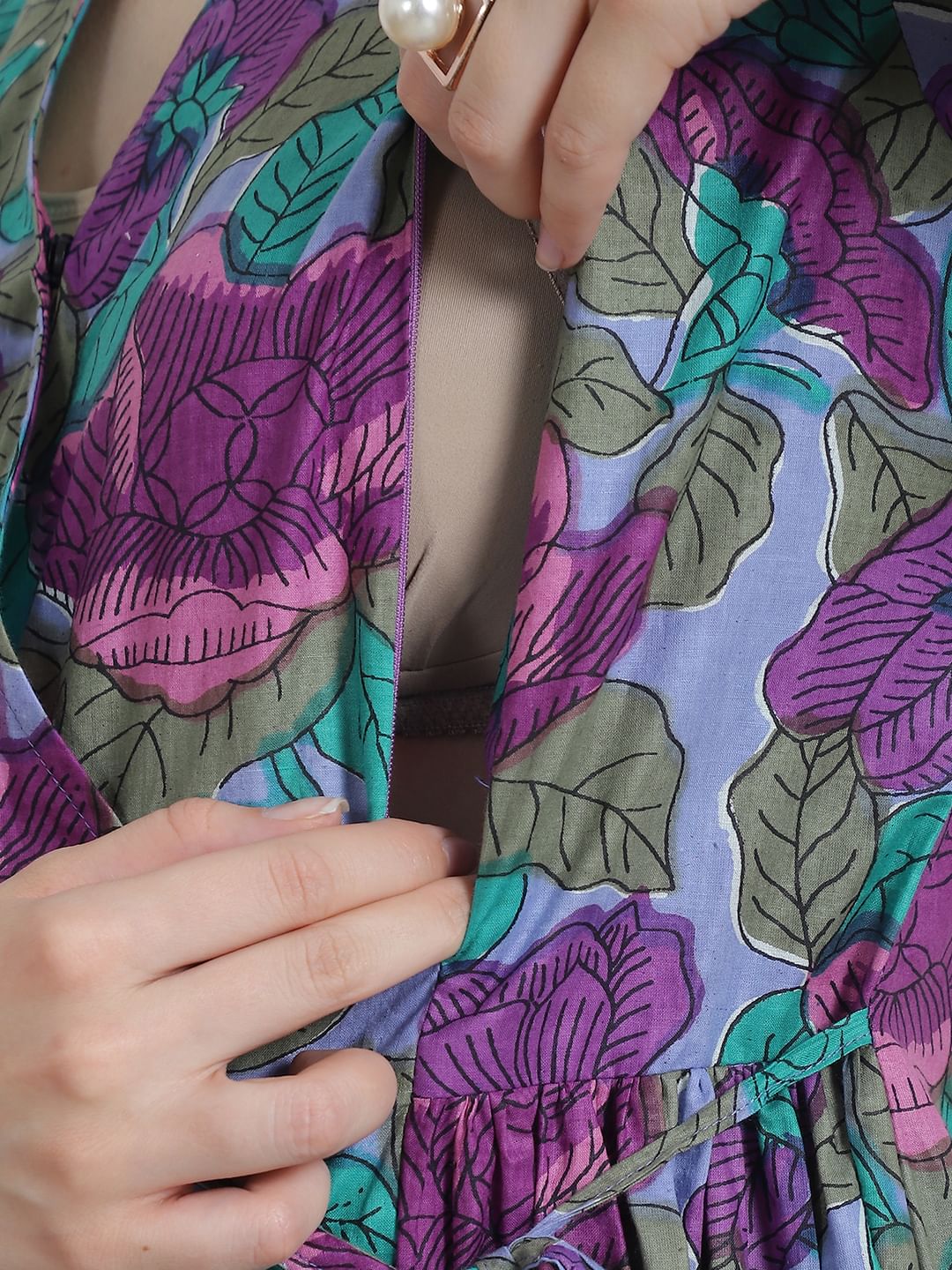 Floral Print Blue Cotton Maternity Kurta