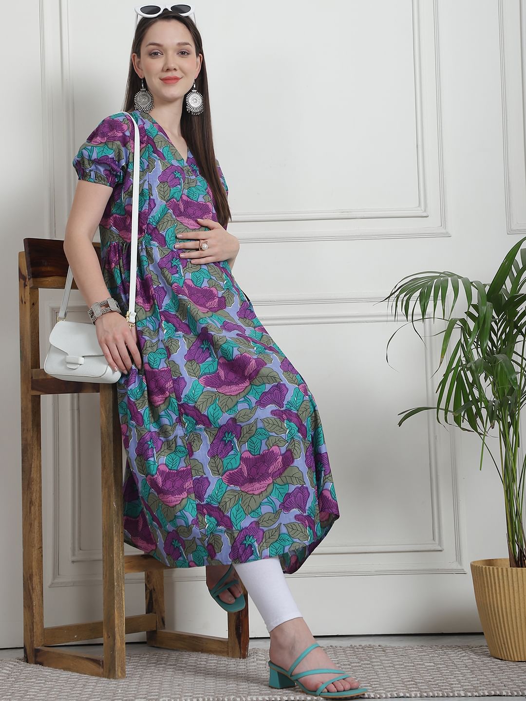 Floral Print Blue Cotton Maternity Kurta
