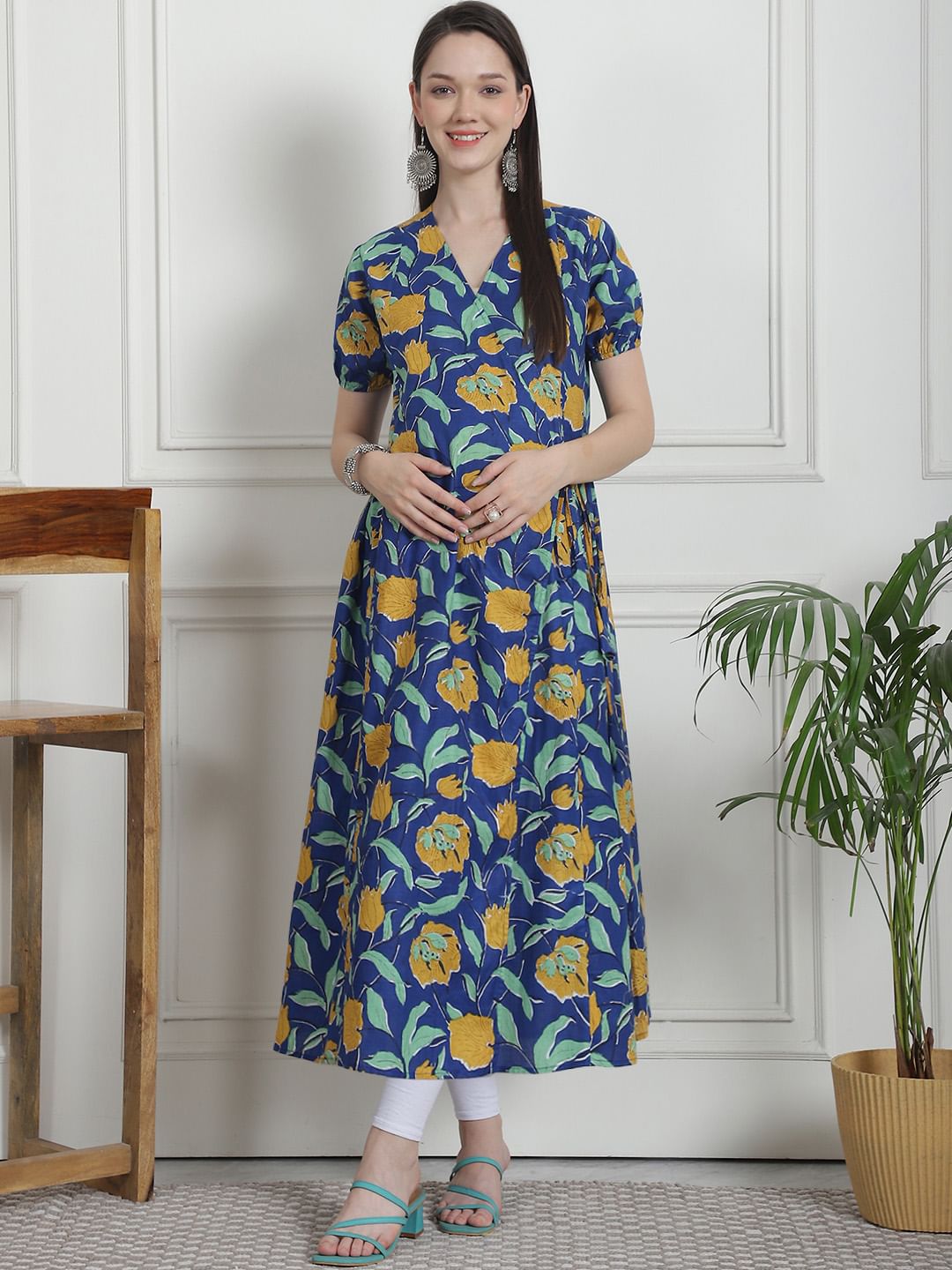 Floral Print Dark Blue Cotton Maternity Kurta