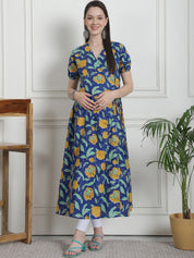 Floral Print Dark Blue Cotton Maternity Kurta