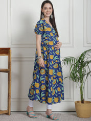 Floral Print Dark Blue Cotton Maternity Kurta