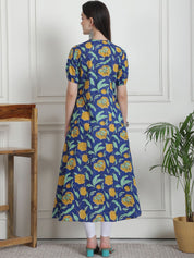 Floral Print Dark Blue Cotton Maternity Kurta