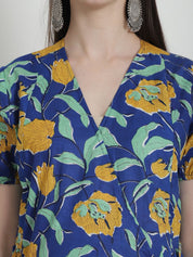 Floral Print Dark Blue Cotton Maternity Kurta