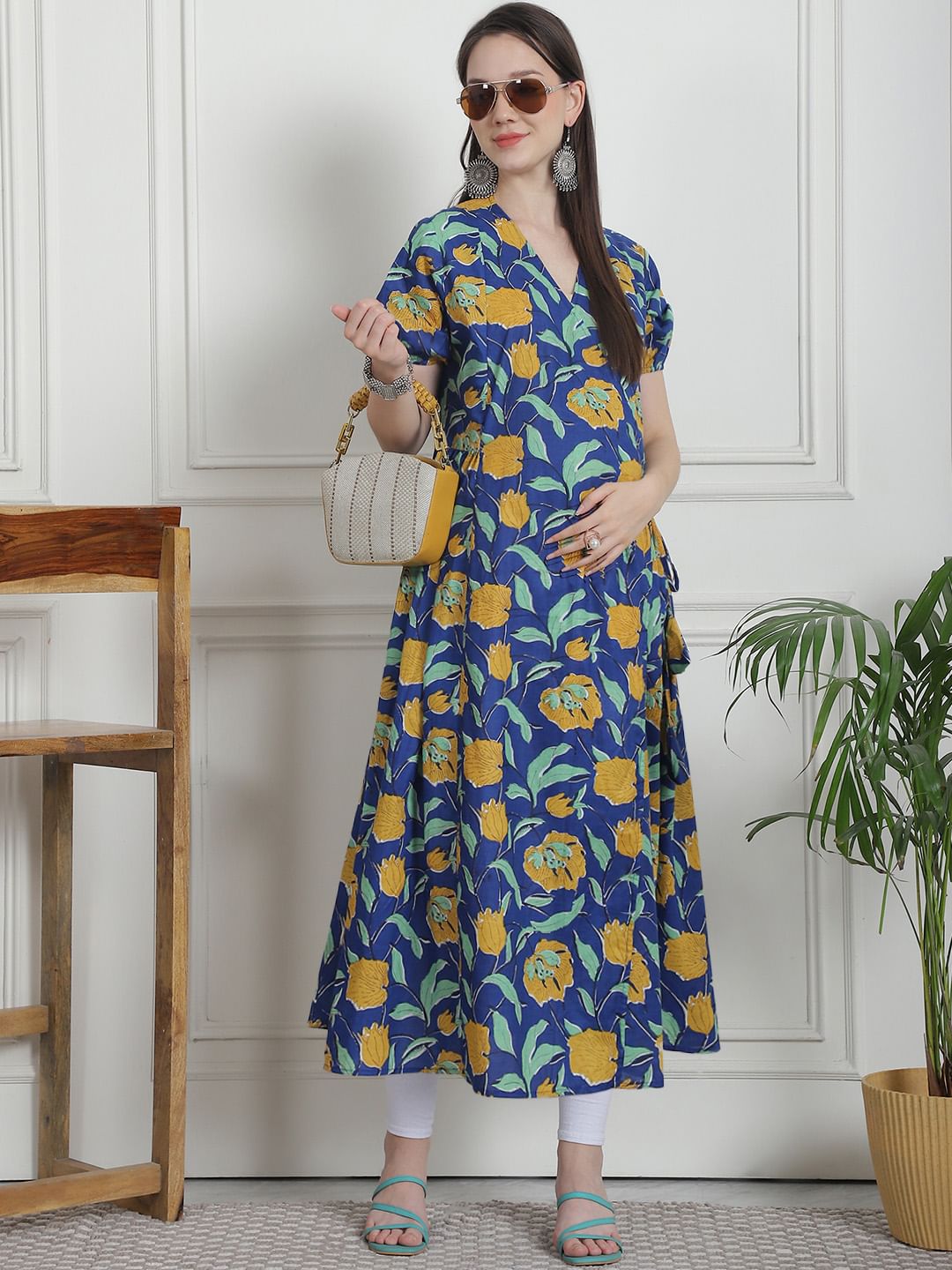 Floral Print Dark Blue Cotton Maternity Kurta