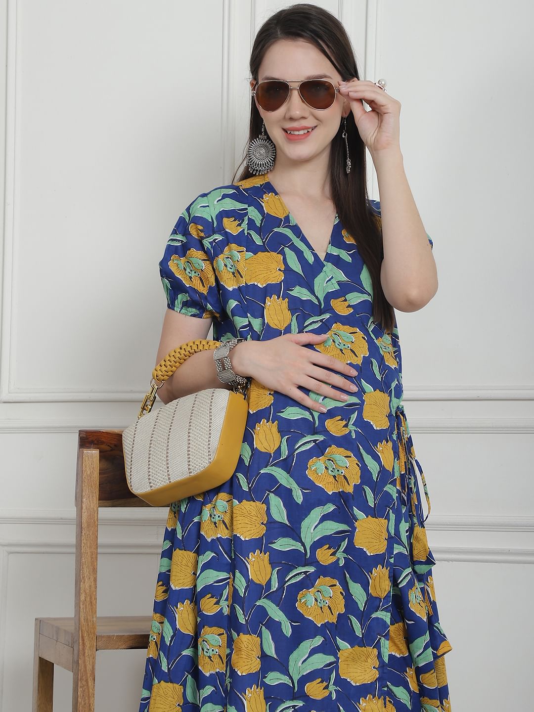 Floral Print Dark Blue Cotton Maternity Kurta