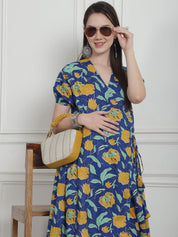 Floral Print Dark Blue Cotton Maternity Kurta