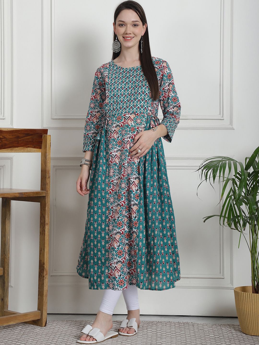 Floral Print Teal Cotton Maternity Kurta